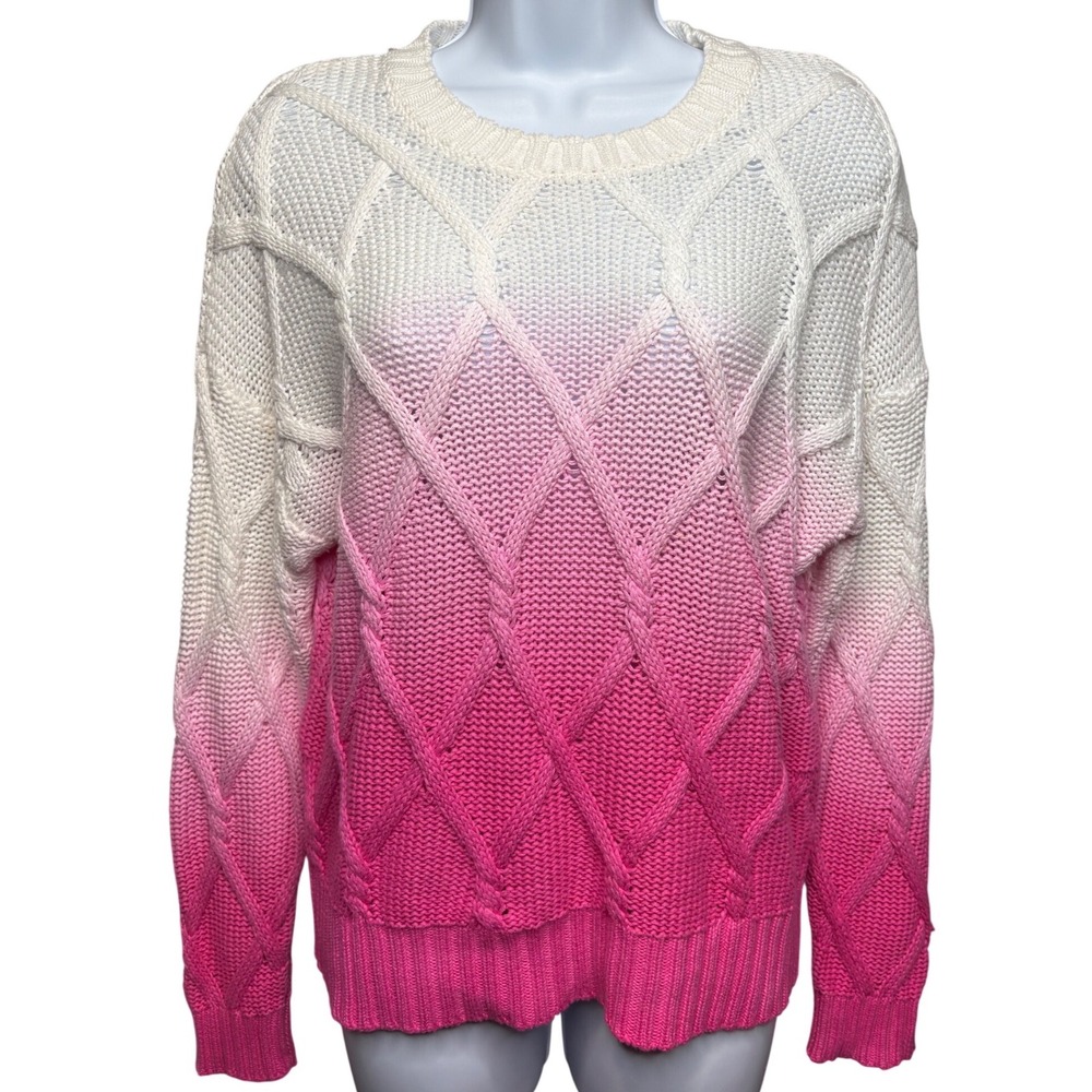 27 MILES Womens Pink White Ombre Chunky Cable Knit Sweater S Diamond Cozy Preppy